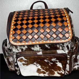 Brown and Tan Woven Leather Backpack